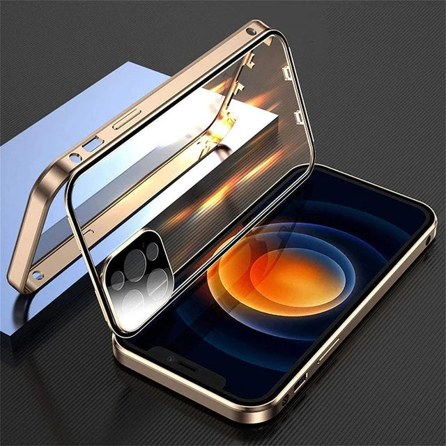 360 Full Protection Metal Magnetic Double Sided Glass Snap Lock Case For iPhone 17 16 15 14 12 13 Pro Max Lens...