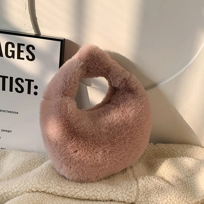 Solid Color Plush Dumpling Bag Handbag Niche Design Small Phone Bag Korean Style Tote Bag Faux Rabbit Fur Handbag Women