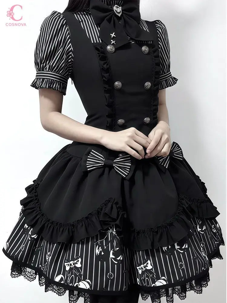 Gothic Striped Lolita Dress Set Women Puff Sleeve Stripe Blouse Suspender Dress Dark Sweet Bowknot Lace Layered Princess Outfit - Kimlud