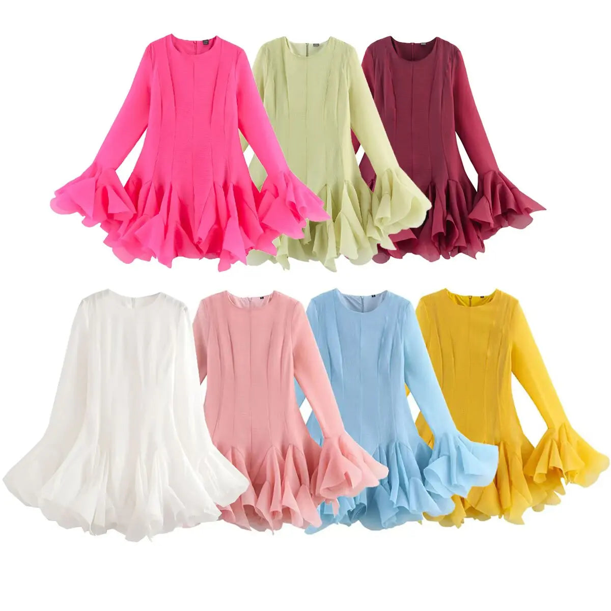 2026 Summer Women's Elegant Multi-Layered Ruffled Hem Mini Dresses Lady Sweet French Style Long Flare Sleeve Slim Fit Puffy Robe - Kimlud