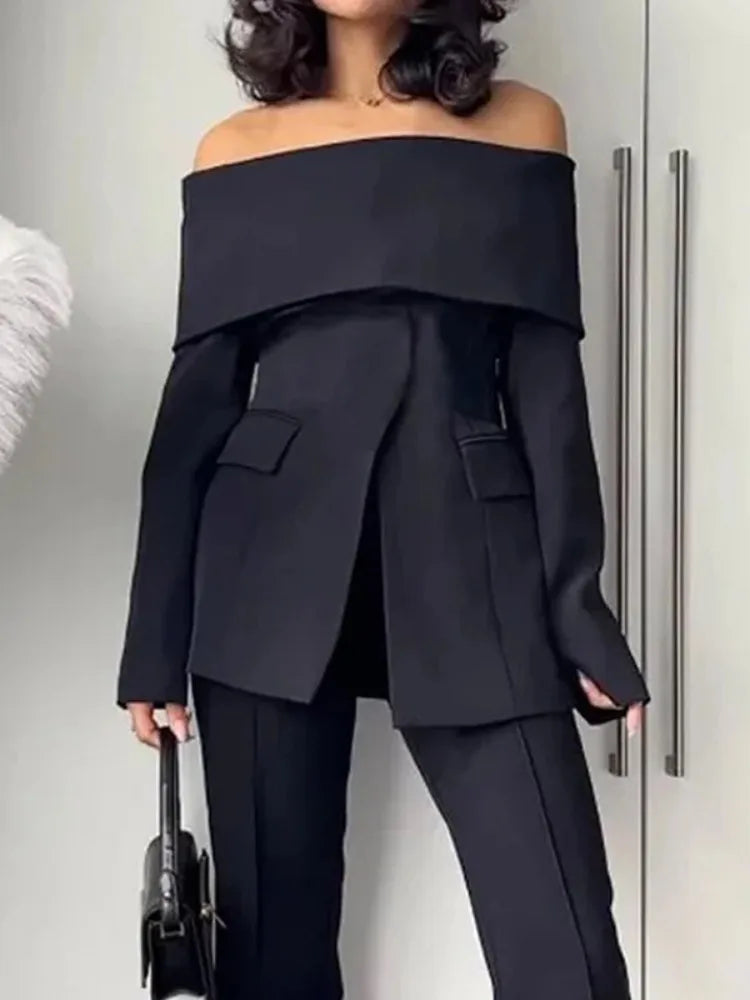 Yeezzi 2025 New Office Lady Commute Off-The-Shoulder Blazer Women Long Sleeves Solid Color Split-Front Zipper Formal...