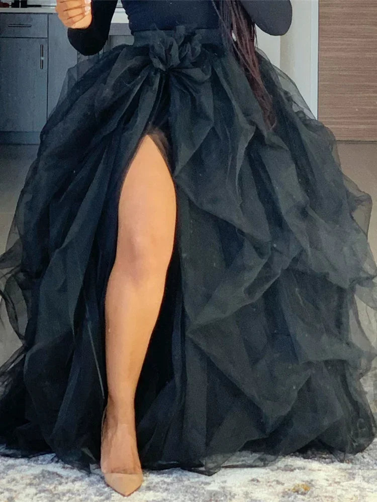 Women Layered Tulle Tutu Skirts for Evening Party Wedding High Waist Long Split Skirts Ladies Princess Bridal Prom Skirts Female