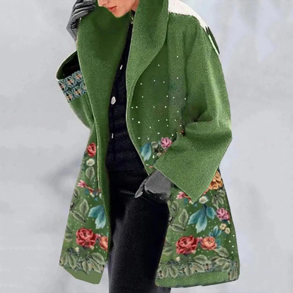 Spring Jacket Elegant Flower Print Women's Fall Winter Overcoat with Turn-down Collar Plus Size Mid Length Loose Thick Warm Long