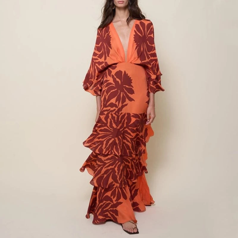 FLAXMAKER Bandeau Blossom Print Dress Women Sexy Sleeveless Ruffle Dolman Sleeve Printed Dresses Floor-length Sundress...