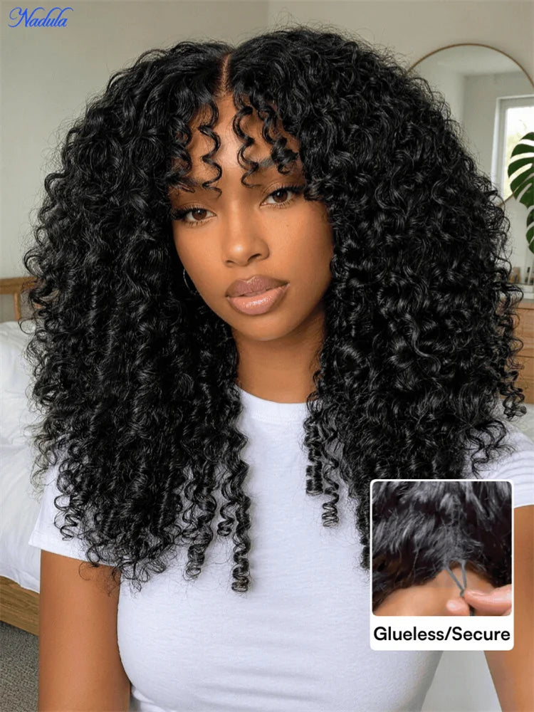 Nadula 7x5 Bye-Bye Knots Burmese Curly Glueless Wig with Finger Coil Ends No Slip Put On and Go Spiral Curls Human Hair Wigs