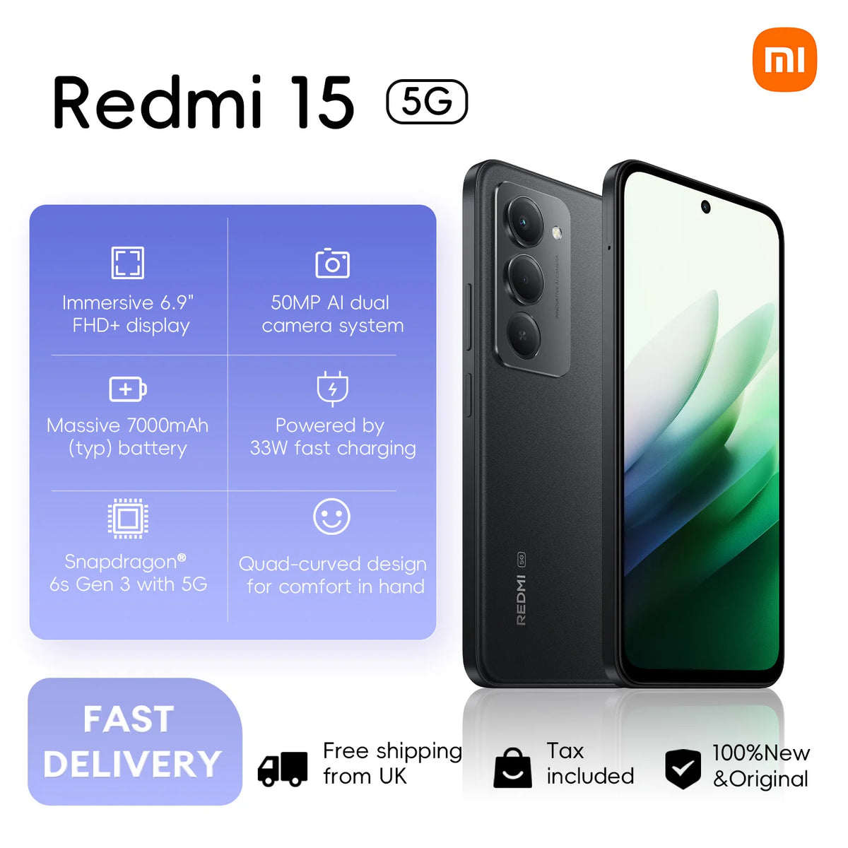 Xiaomi Redmi 15 5G 8+256GB Global Version 6.9“ FHD+ 144Hz 50MP Snapdragon® 6s Gen3 Mobile Platform 7000mAh 33W Side...