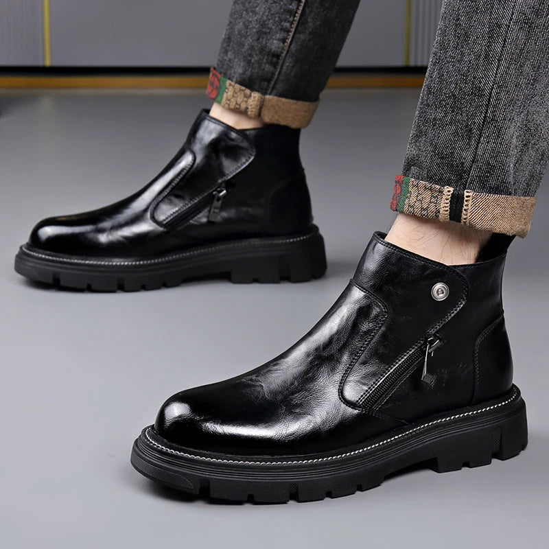 British Style Fashion Men's Casual Leather Boots Outdoor High Top Genuine Leather Non-slip Ankle Boots Retro Style Walking Botas