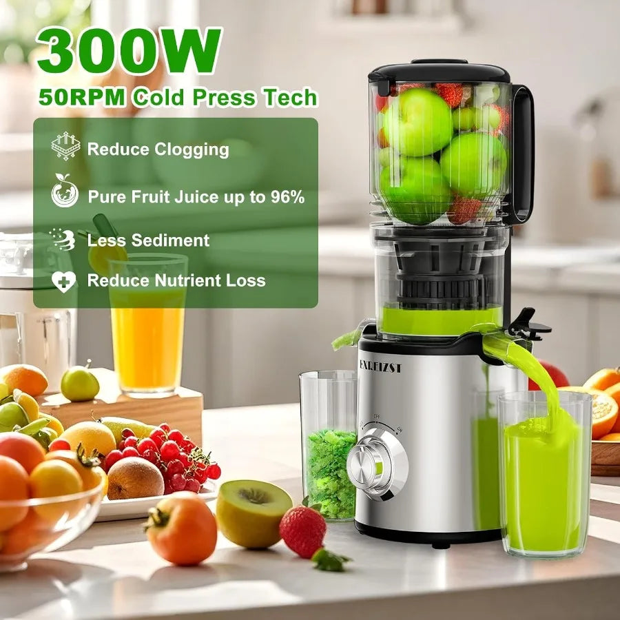 Cold press juicer with 5.3inch large feed chute for whole fruits and vegetables slow juicing extractor machine with 300W mastic