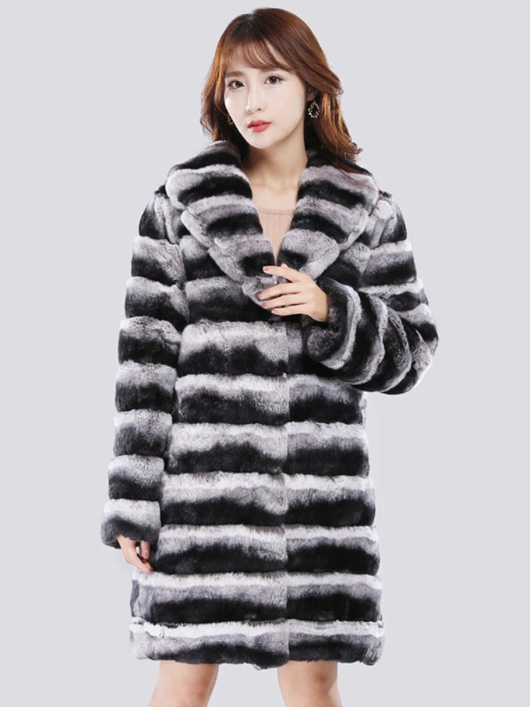 Rex Rabbit Fur Fur Coat Women's jacket Winter Warm Mink Coat Casual Medium Long Thick Trench Coat Plus Size Jacket striped 2025
