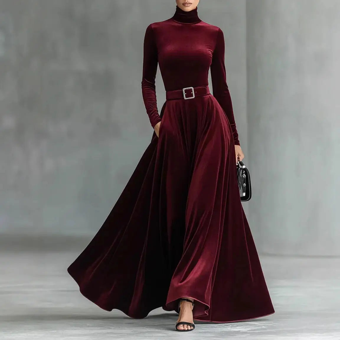 Velvet High Collar Base Dr Evening Gown mid Waist Long Skirt Ci Commute Sle Autumn Season Women's Faion Single Piece |...