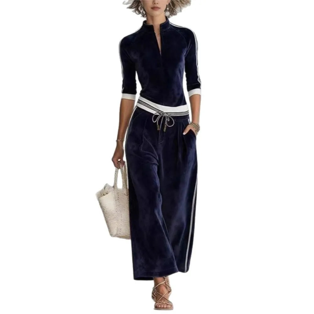 Fashion Korean Velvet Color-blocked Striped 7 Sleeved Stand-up Collar Top Sports Suit Loose Wide-leg Trousers Women's...