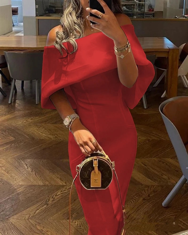 Ele Off-oulder Slim-Fit Dr High-Waisted Zipper Detail Court Sle Polyester Material ort Sve Mid-Length Skirt