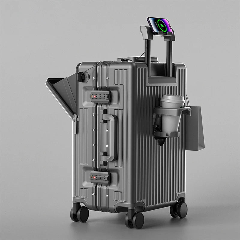 New Front Opening Luggage 24 inch USB Multifunctional Suitcase 20“ Boarding Trolley case 26 inch Large Capacity with Cup holder