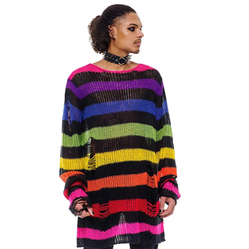 Fashion O-neck Long-sleeved Sweater For Women Autumn High Street Ripped Rainbow Gradient Stripes Mid-length Loose Sweater Female - Kimlud