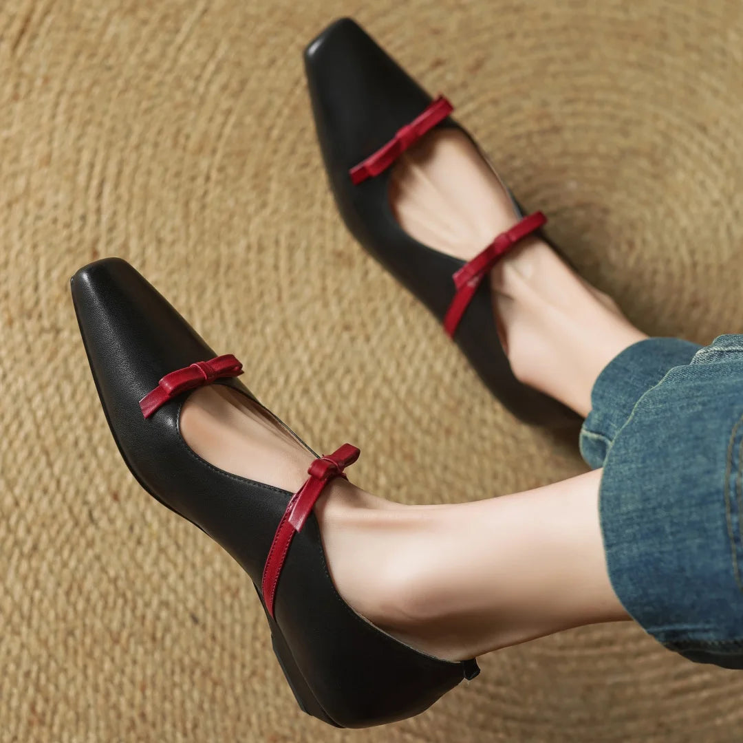 Women's cow leather double bowtie slip-on flats loafers square toe high quality female sweet daily moccasins shoes for woman hot - Kimlud