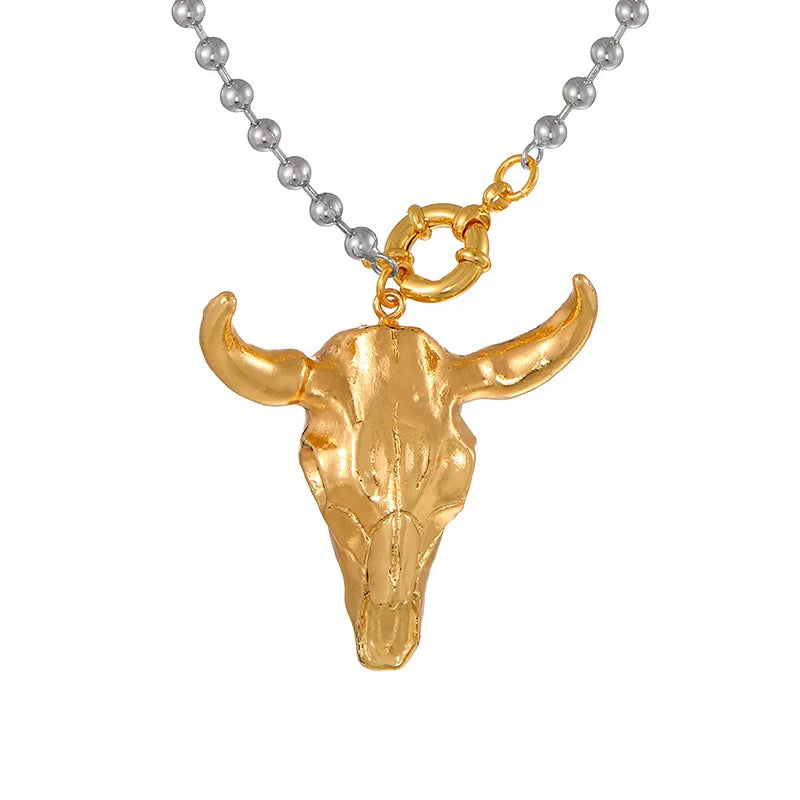 HangZhi Personality Unique New Gold Color Bull Head Horseshoe Pendant Necklace Anniversary Gift for Women Men Chunky...