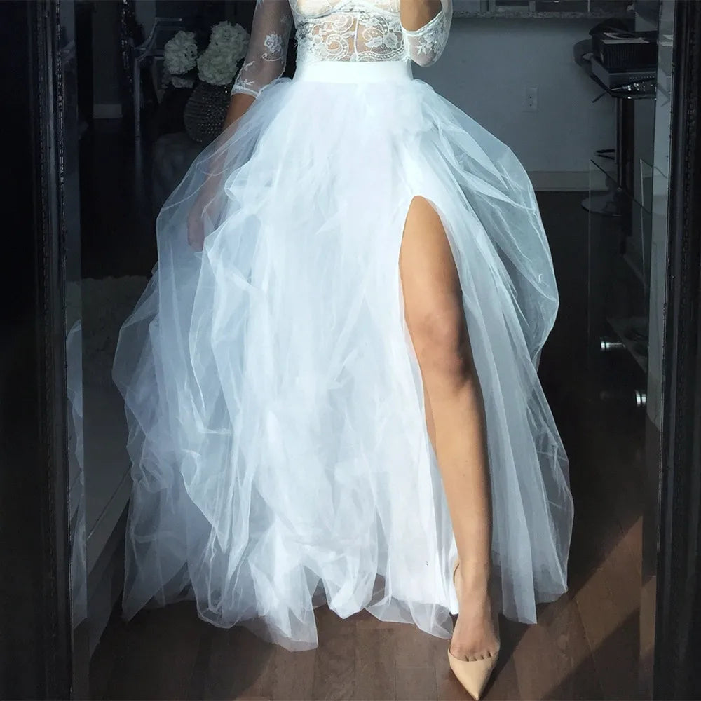 Women Layered Tulle Tutu Skirts for Evening Party Wedding High Waist Long Split Skirts Ladies Princess Bridal Prom Skirts Female