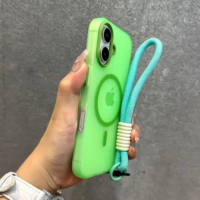 For Magsafe Candy Color Contrast Lanyard Case For iPhone 16 15 17 Pro Max 14 Plus 11 12 13 16e Hand Wrist Strap Matte Soft Cover - Kimlud