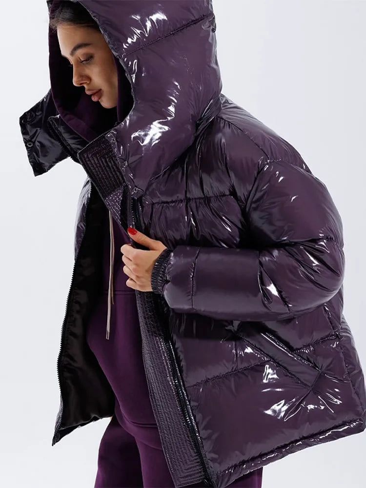 Chic Glossy Women's Thicken Cotton Coats Hooded Solid Loose Zippers Warm Lady Coat 2025 Winter Casual Female Street Jackets