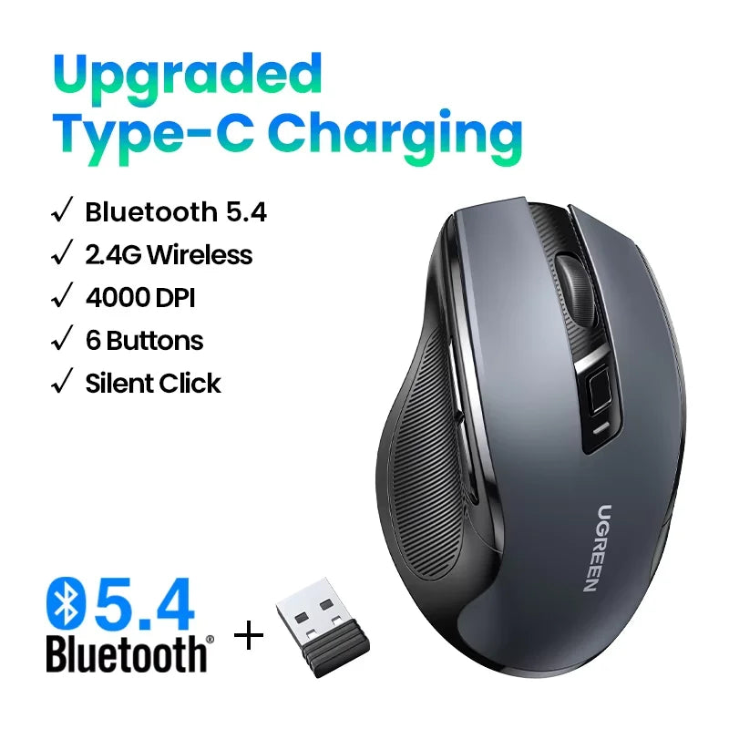 UGREEN Wireless Mouse Bluetooth5.0 Mouse Ergonomic 4000DPI 6 Mute Buttons Mouse For MacBook Tablet Laptops Computer PC 2.4G Mice - Kimlud