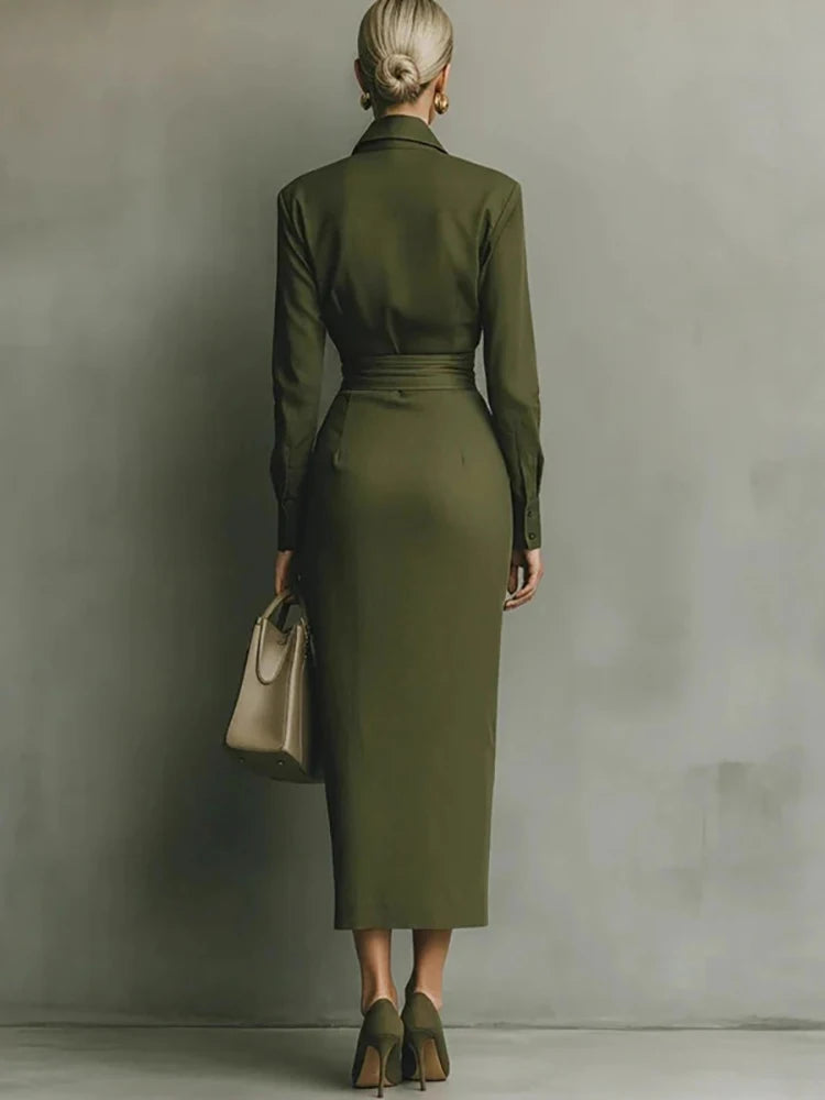 Elegant Asymmetrical Lapel Women's Midi Dress Green Ruched Long Sleeve Slim Pocket Temperament Fall British Office Lady Dresses