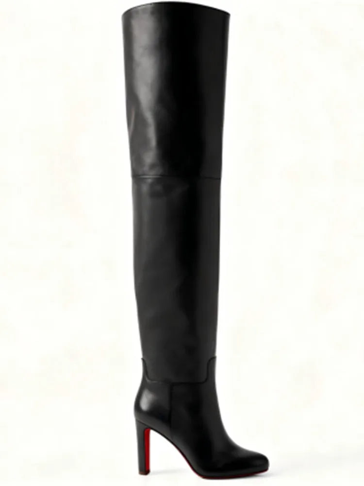 Autumn and Winter New Black Leather Round Head Over Knee Women's Boots, Thick High Heels, Fashionable 34-46 Large Women's Boots