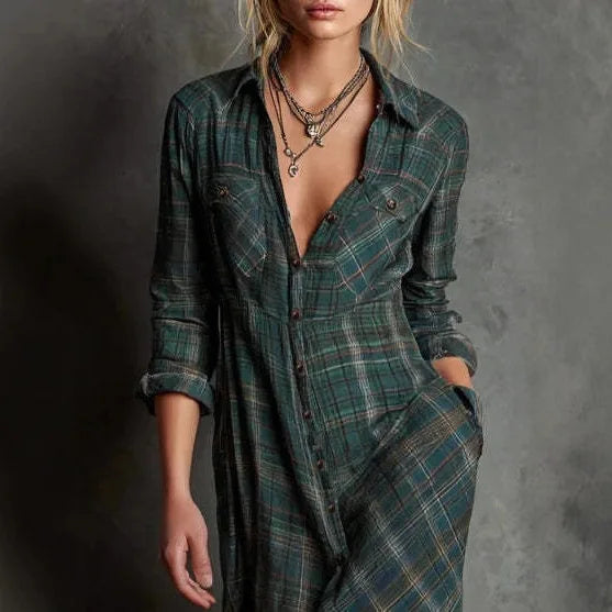 Elegant Long Sleeve Plaid Shirt Dress Fashionable Checkered Collar Dress A- Line Midi Skirt Stylish Commute Wear Polyester Fabri