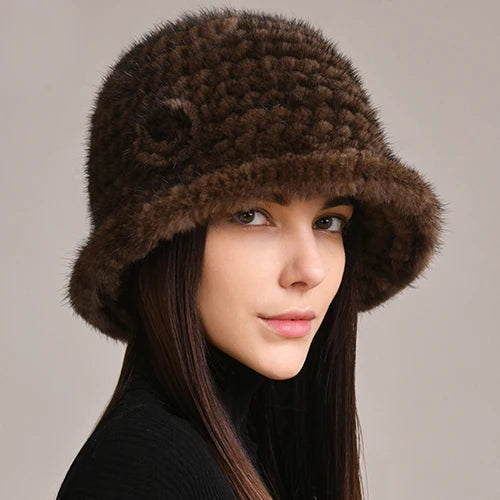 Woman Hat Winter Solid Mink Caps With Flower Natural Mink Fur Hats New Russian Girl Soft Knitting Real Fur Bucket Hats 2025 Warm