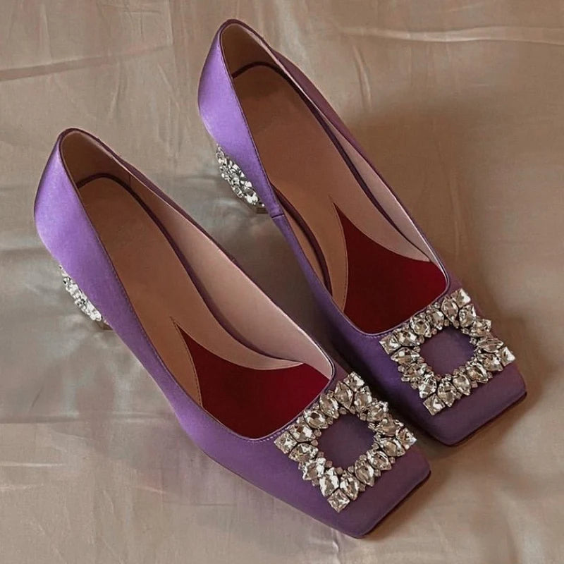 New Rhinestone High Heels Women Slip-On Pumps Women Square Toe Party Crystal Dress Shoes Femmes Chaussures Zapatos De Mujer - Kimlud