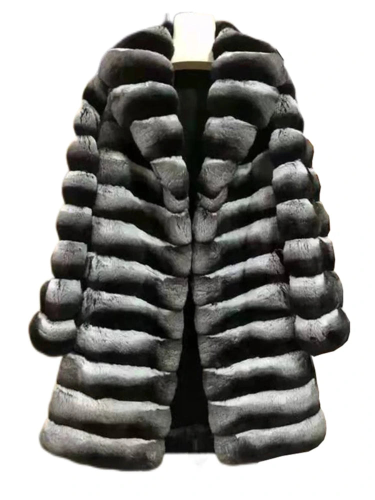 Rex Rabbit Fur Fur Coat Women's jacket Winter Warm Mink Coat Casual Medium Long Thick Trench Coat Plus Size Jacket striped 2025
