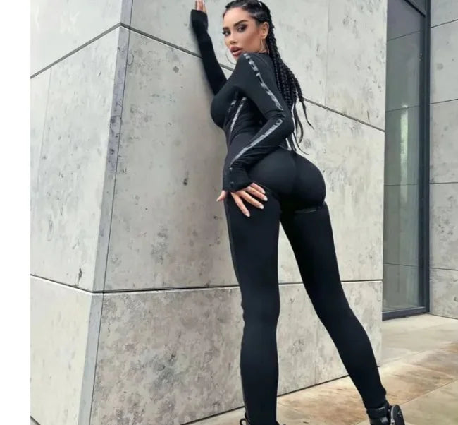 S-4XLWomen Sexy Zipper Jumpsuit Long Sleeve Bandage Tights Solid Bodysuit Female Party Bodycon Stretch Sporty Leisure - Kimlud