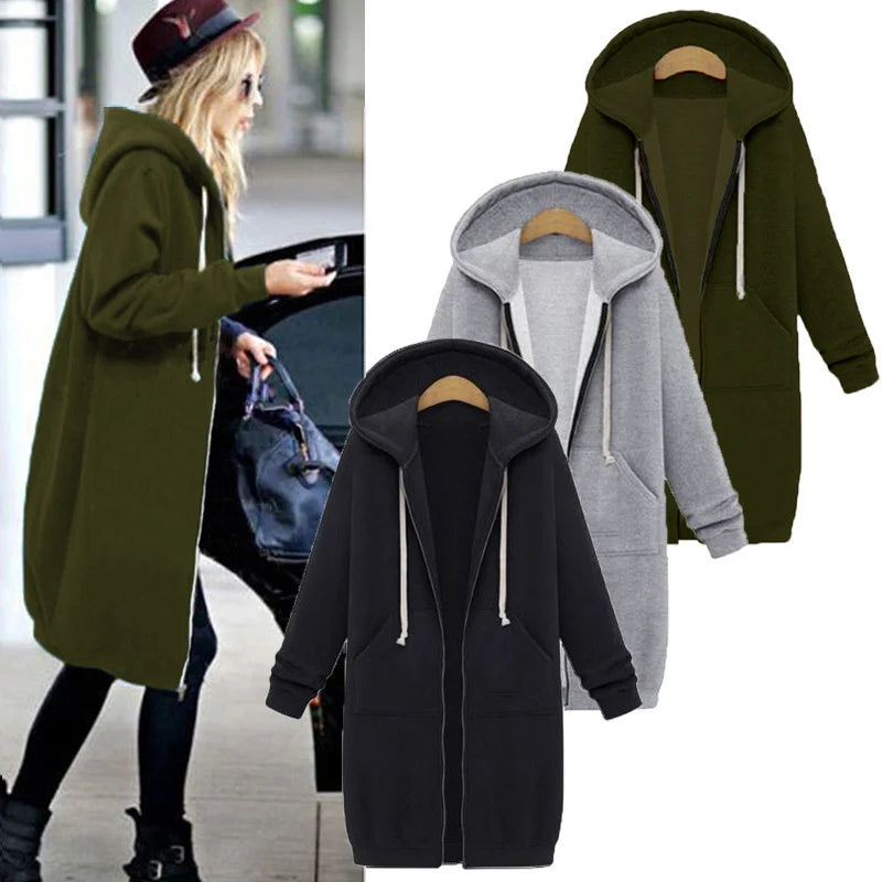 2025 Women's Autumn Winter ThickenHoodies Parkas Loose Hooded Jackets Zipper Pocket Maxi Size Sweatshirt Sports Dresses...
