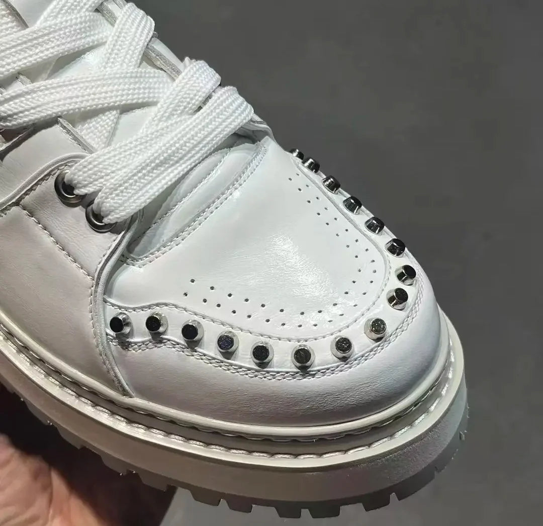 Men's Genuine Leather Casual Shoes White European Metal Rivet Design Board Shoes Thick Soled Trainers Height Increasing Sneakers