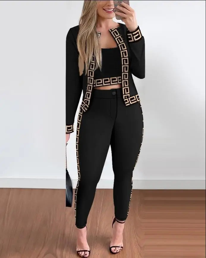 Fashion Slim Print Suit For Women Short Style Vest Long Sleeve Cardigan Elastic Waist Trousers Three-piece Set 2024 Autumn New