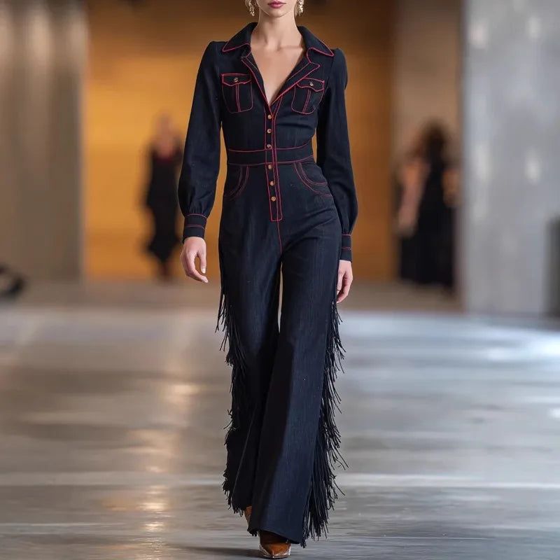 Vintage Fringed Denim Jumpsuit Button Front Deep V-Neck Slim Fit Flare Leg One-Piece for Party & Streetwear Western Style Black - Kimlud