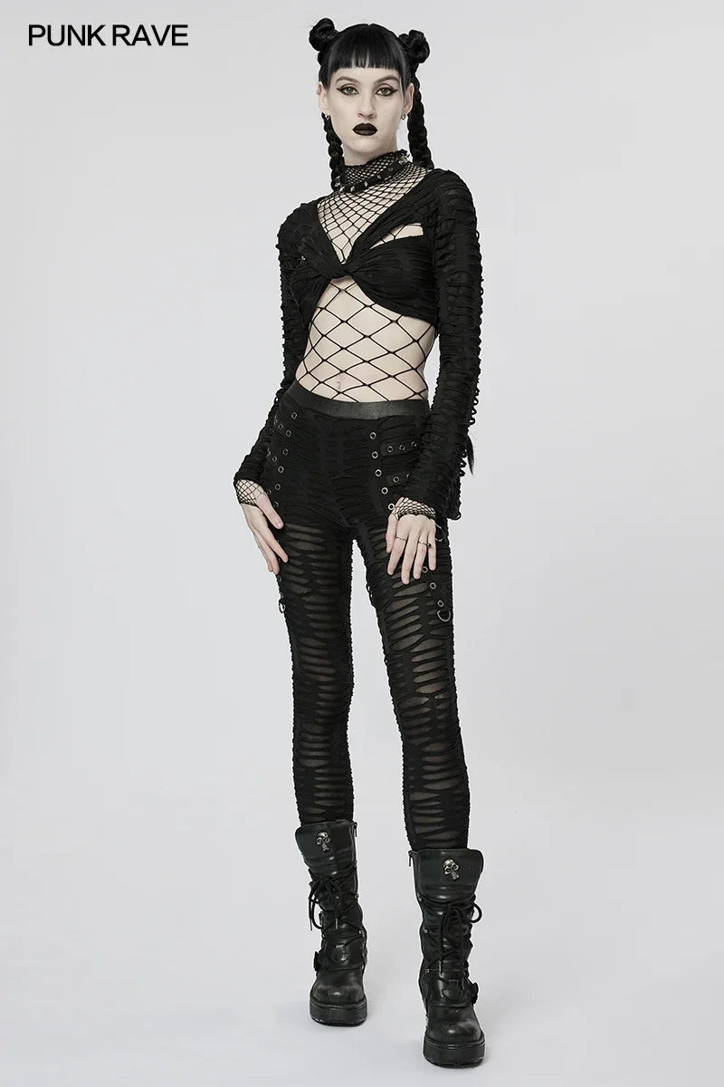 PUNK RAVE Women's Gothic Decayed Slim-fit Leggings Punk Meta Eyelets Webbing Personality Thin Black Pants Spring/summer