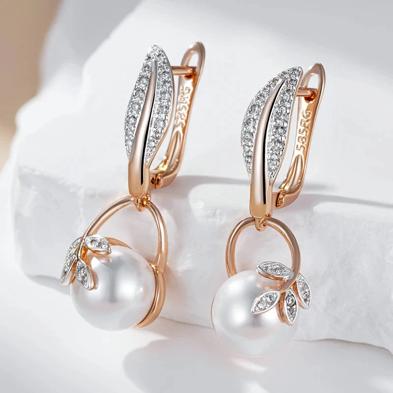 Wbmqda Luxury Pearl Women's Long Drop Earrings 585 Rose Gold Silver Color Ethnic Wedding Party Fine Zircon Jewelry Accessories