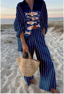 Casual Printed Two Piece Set Women Spring Summer New Fashion Comfort Holiday Button Long Sleeve Shirts And Wide Leg Pants 2 Sets