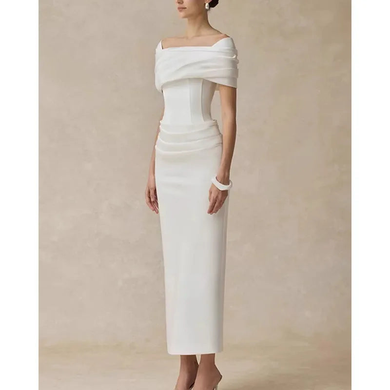 French Elegant Temperament Off-shoulder Short Sleeves High Waist Bodycon White Evening Party Long Dress for Women 2026...