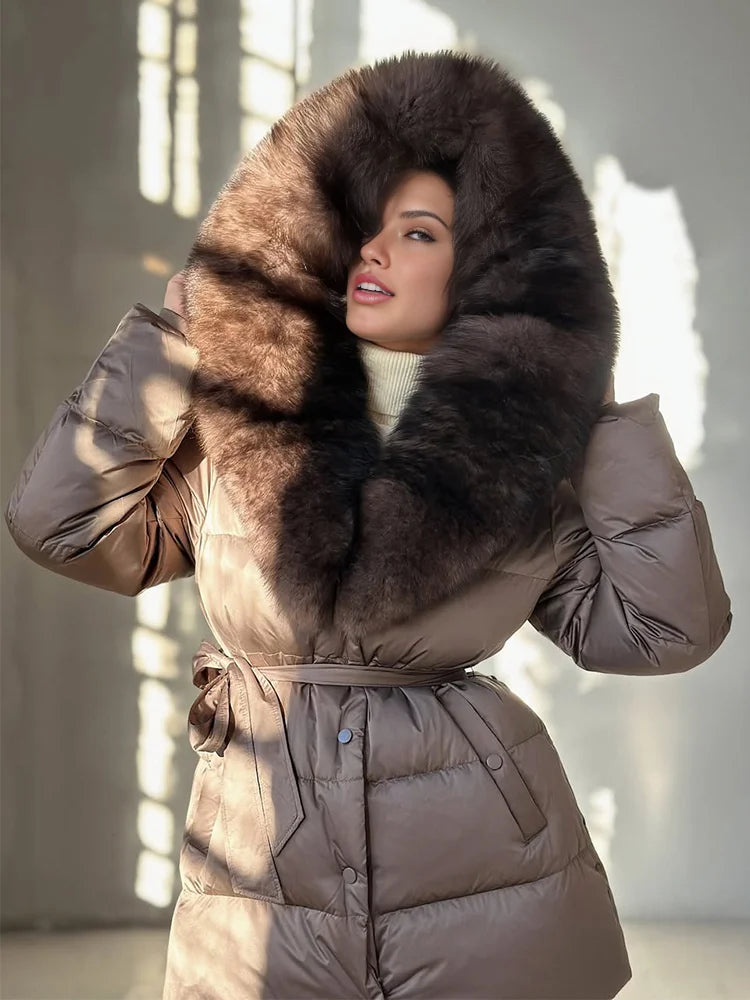 2025 New Natural Thick Warm 90% White Goose Down Coat Long Winter Jacket Women Real Big Fox Fur Collar Belt Loose Puffer Parka