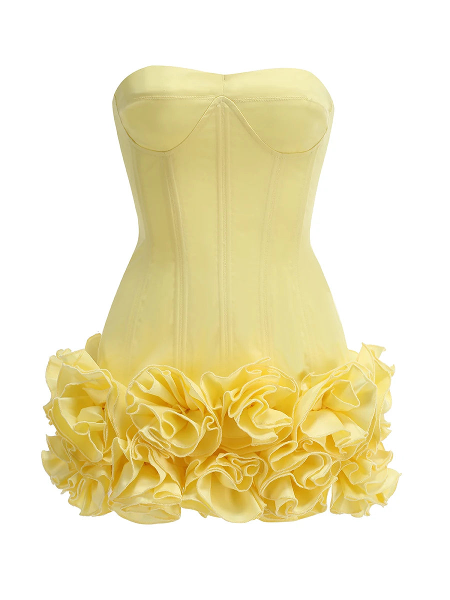 Stereoscopic Flowers Back Laceing Strapless Solid Bandage Mini Evening Dress Sweet Woman Birthday Party Patchwork Lace Up Dress