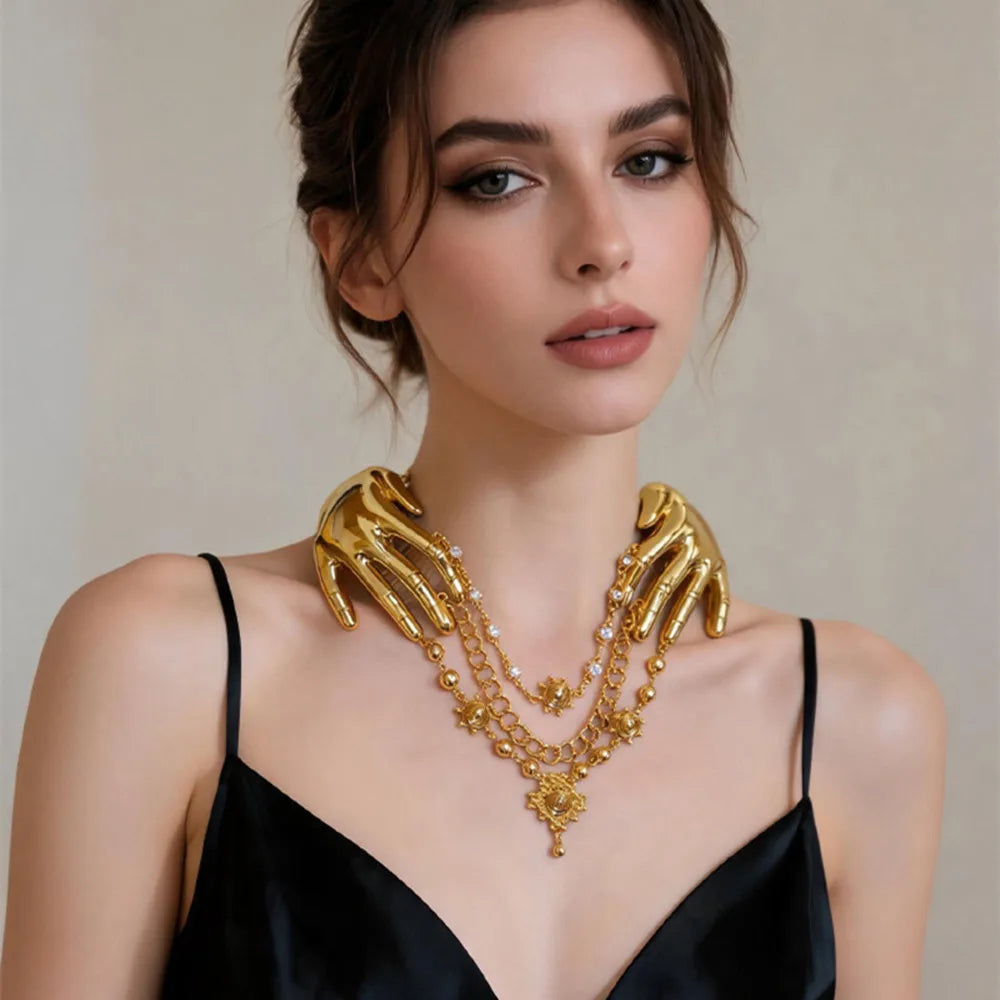 Exaggerated Metal Alloy Hand Charms Choker Necklace for Women Fashion Jewelry Gorgeous Evening Dress Statement Accessory...