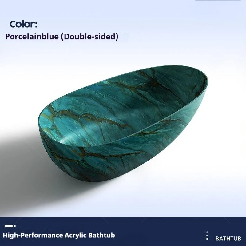 Luxury marble-patterned freestanding bathtub, oval-shaped artificial stone soaking tub, suitable for hotels and villas.