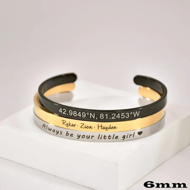 18k Custom Engraved Bracelet Numeral Name Message Bangle Titanium Steel Gold Silver Adjustable Women's Cuff Mother's Day Gift