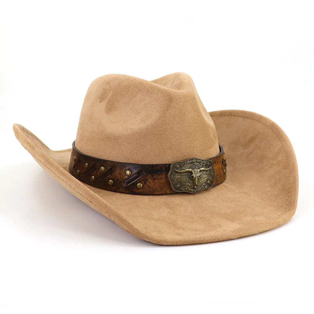 Western Big Brim Cowboy Hat Bull's Head Leather Band Suede Top Hat Outdoor Mens Hats Ladies Party Horse Riding Cowgirl...