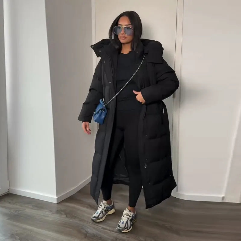 Warm Women's Puffy Quilted Hooded Long Cotton Coat Loose Solid Stand Collar Lace Up Zipper Overcoats 2025 Winter Lady Outwear