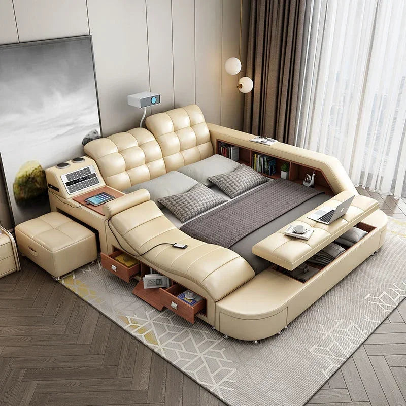 Genuine Leather Tech Smart Multifunctional Beds Massage Modern Luxury Camas Upholstered With Bluetooth Speaker,Air Cleaner