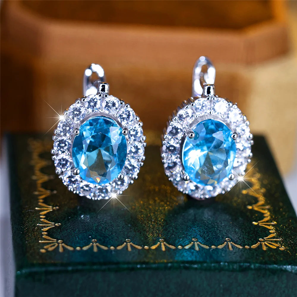 Cute Small Blue Green Zircon Stone Hoop Earrings For Women Charm Female Silver Color Wedding Jewelry Gift