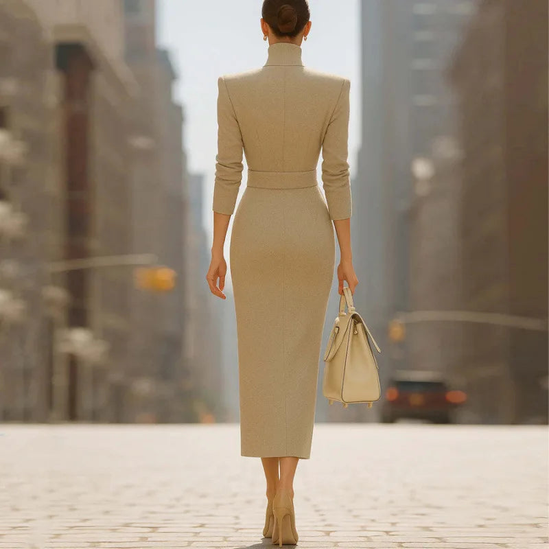 Elegant Solid Slim Belt V Neck Hip Dress Woman Autumn Winter Long Sleeve Split Office Dresses Sexy Boho High Waist...