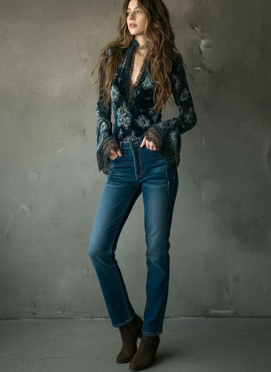 Lace Trim Sexy V-neck Blouse Tops Flare Sleeve Retro Floral Printed Slim Velvet Autumn Elegant Boho Casual Chic Blouse Tops